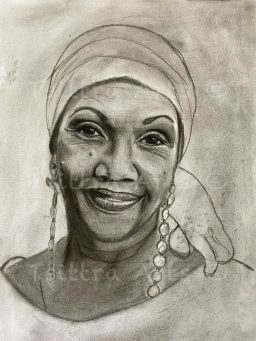 Charcoal drawing, ladies earrings, head scarf, beauty spot, lady smiling, Jamaican black lady, Marcia Griffiths