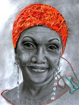 Orange head scarf, charcoal drawing, A2 drawing, Marcio Griffin portrait drawing, Queen of reggae, lovely lips, beautiful eyes, earrings, be